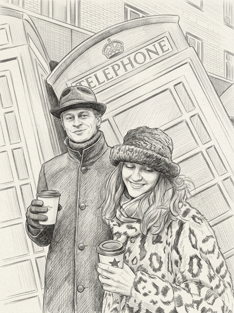 Pencil sketch of the couple in London